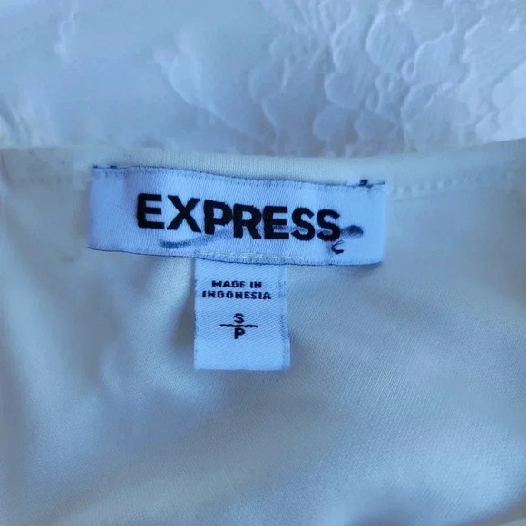 Express Top Women White Nylon Keyhole Short Sleeve Crew Neck Lace Shirt Stretc S - Picture 7 of 8